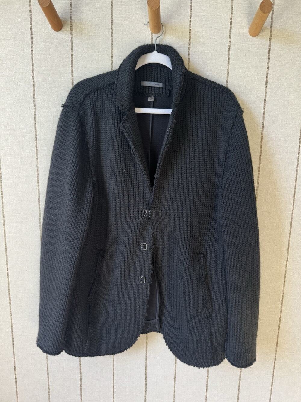 John Varvatos Black Knit Blazer Jacket Distressed 50 L Wool Blend Grandpacore